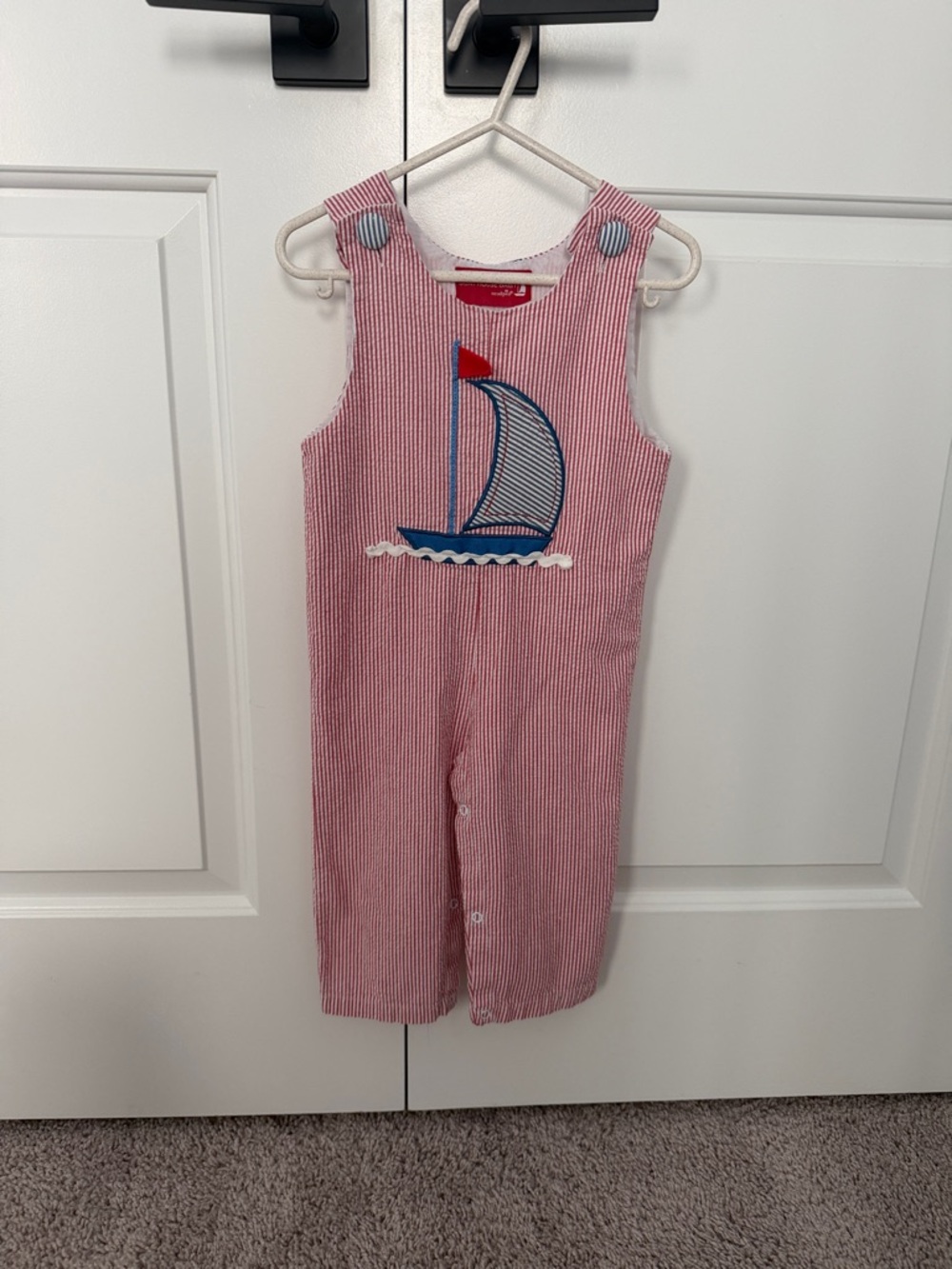 Red Seersucker Sailboat Kids Romper